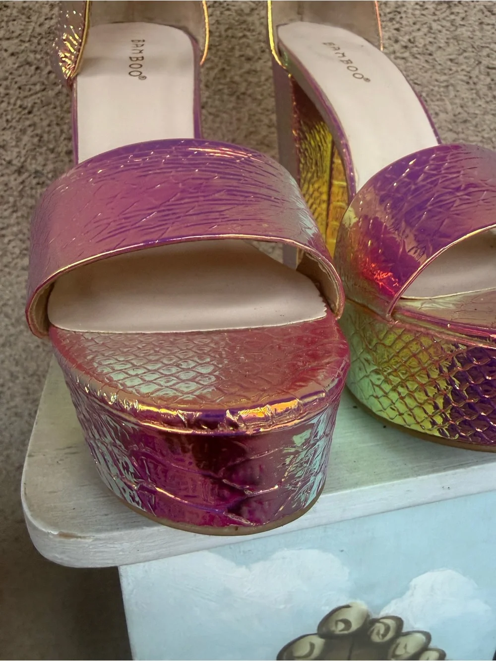 BAMBOO Iridescent Pink-Purple Platform Ankle Strap Sandals